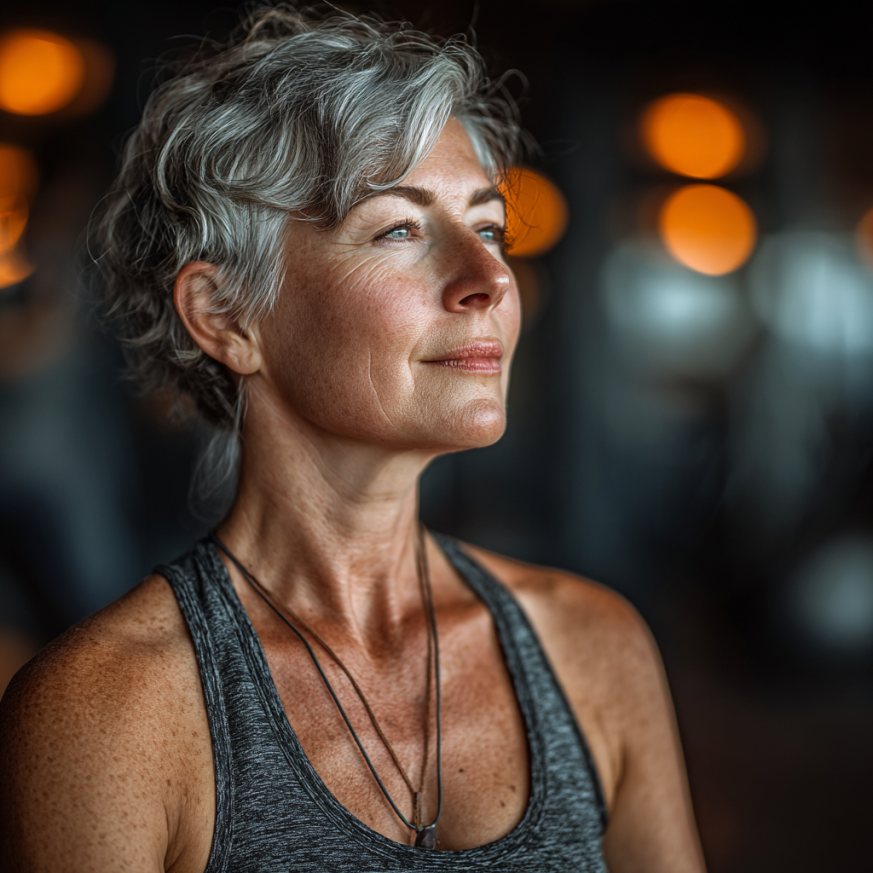 Gruppo di persone mature che praticano yoga in un ambiente sereno e luminoso